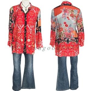 JOHN MARK Jacquard Floral Paisley Scarf Multi Print Button Down Blouse EUC sz S